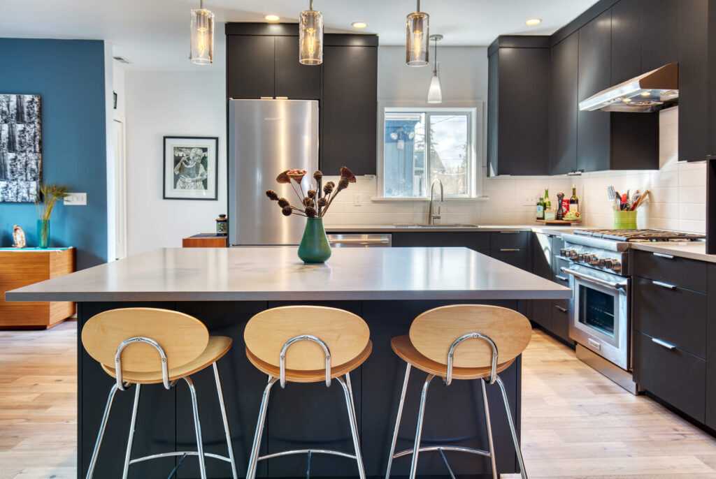 Modern kitchen with sleek black cabinets and island