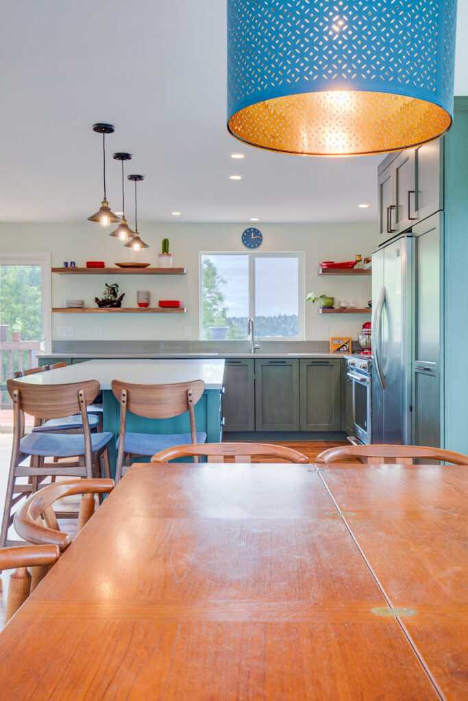 Bright modern kitchen with stylish wooden furniture and decor