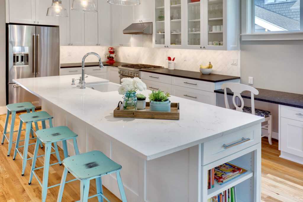 Modern kitchen with white cabinets and blue stools