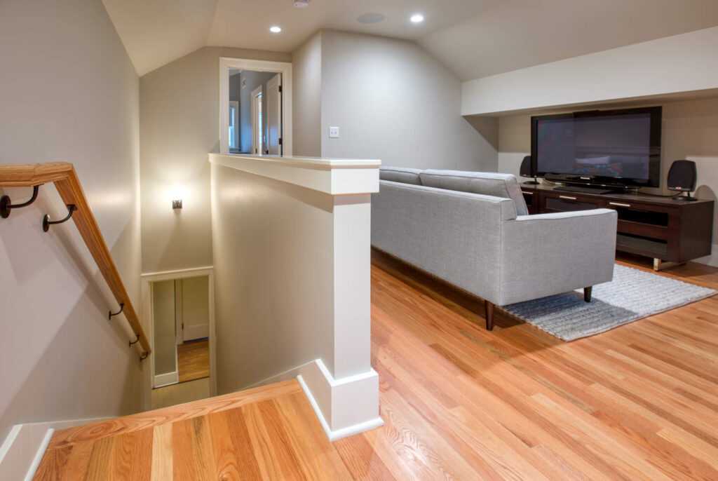 Modern living room with wooden floors and minimalist design