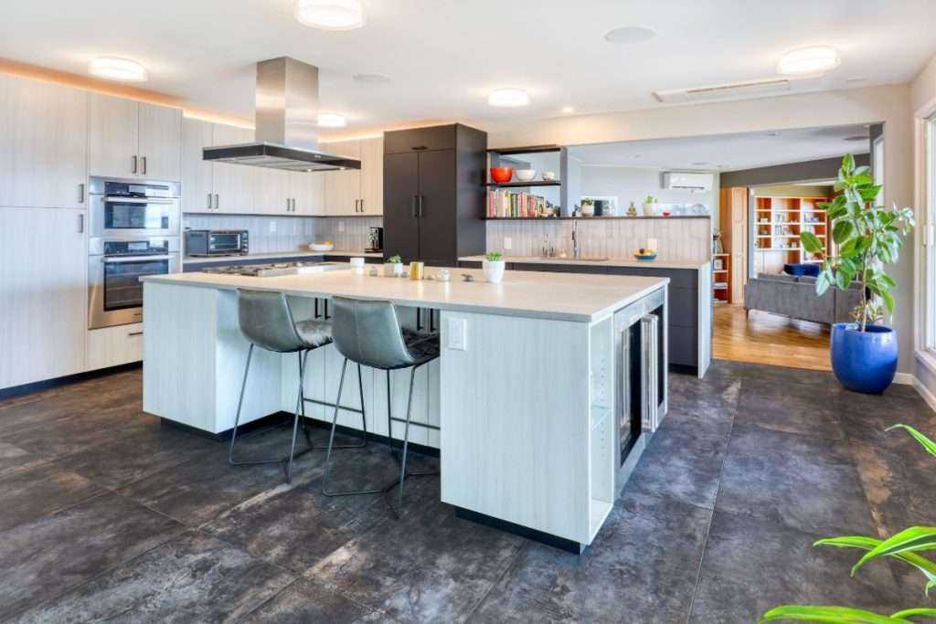 Modern kitchen with bar stools and stainless appliances