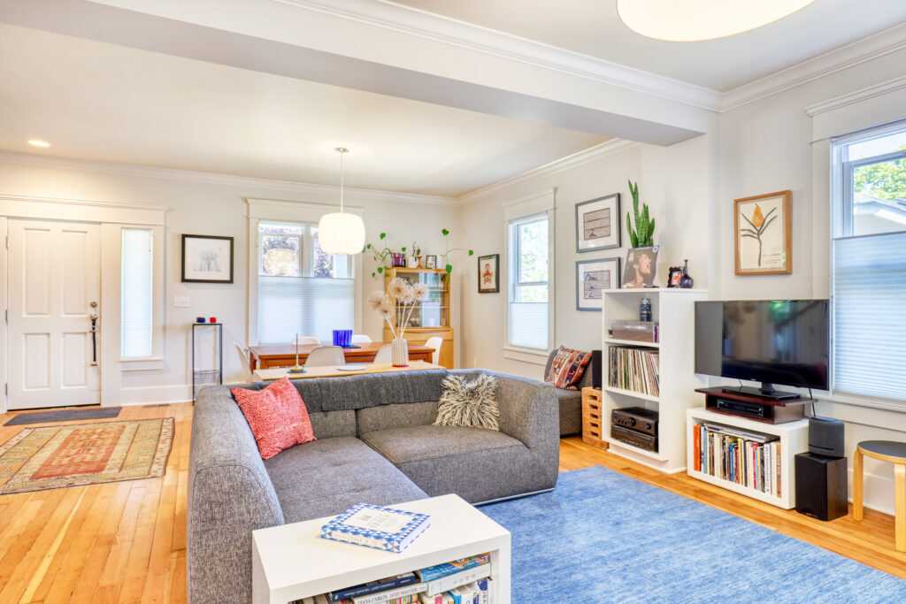 Cozy living room with gray sofa and bookshelf.